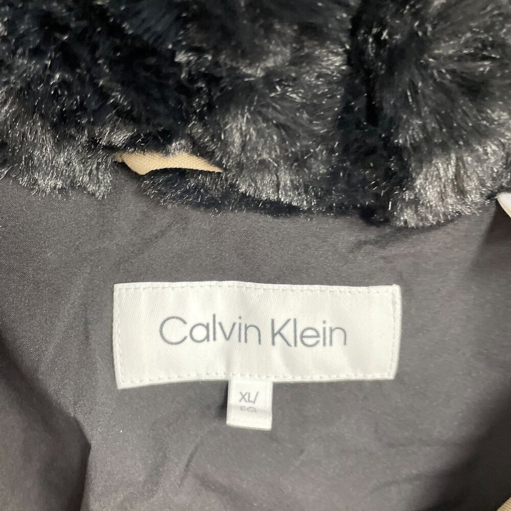 NWOT Calvin Klein Women's XL Hooded Puffer Coat Beige Faux Fur Lined Full Zip - Picture 6 of 10